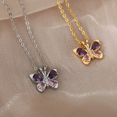 Purple Crystal Butterfly Pendant Necklace