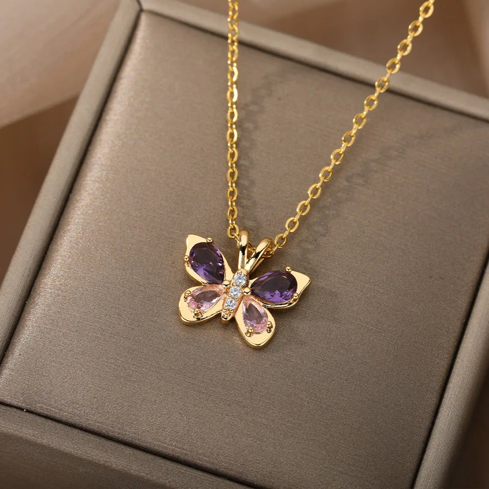 Purple Crystal Butterfly Pendant Necklace