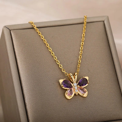 Purple Crystal Butterfly Pendant Necklace