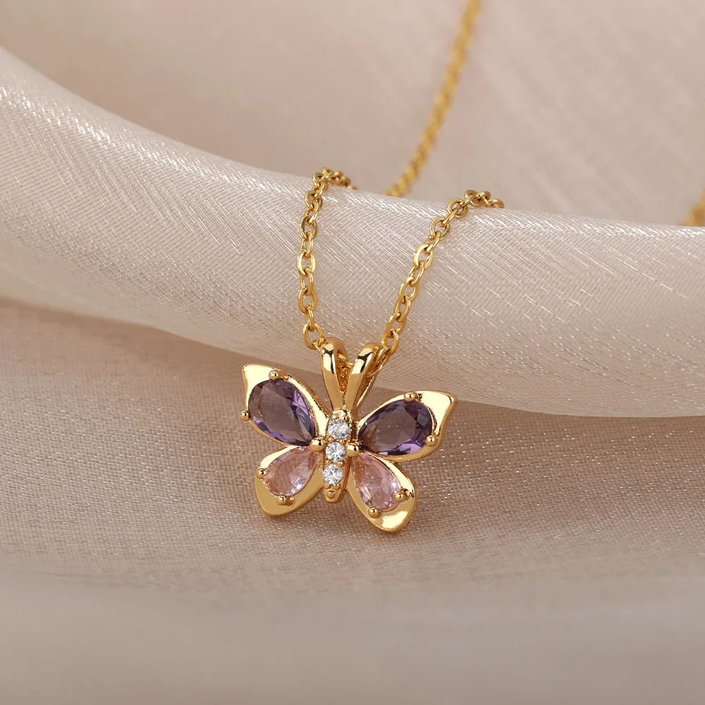 Purple Crystal Butterfly Pendant Necklace