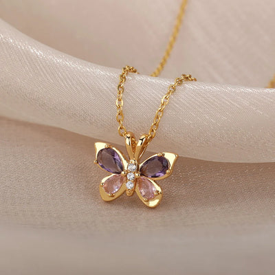 Purple Crystal Butterfly Pendant Necklace