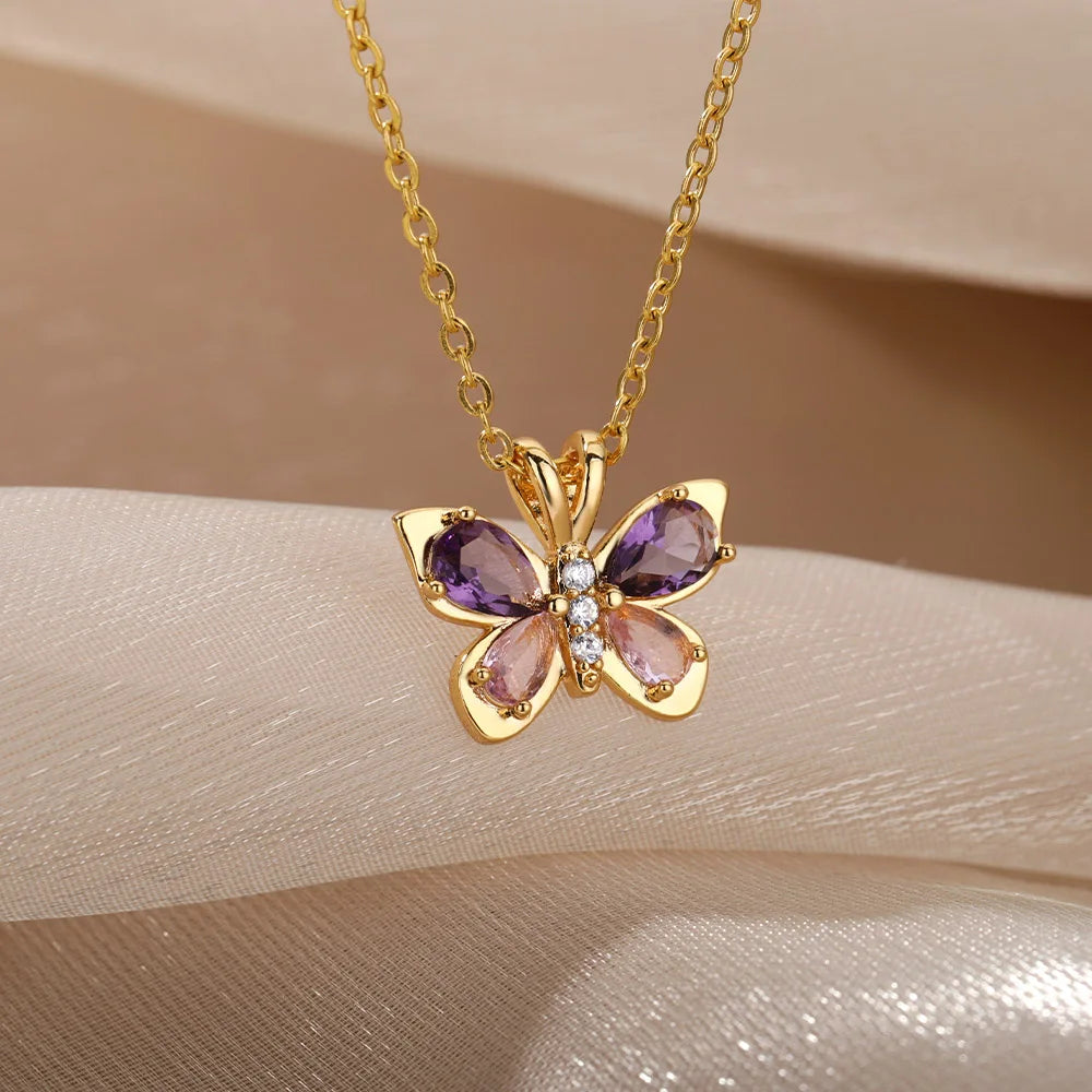 Purple Crystal Butterfly Pendant Necklace