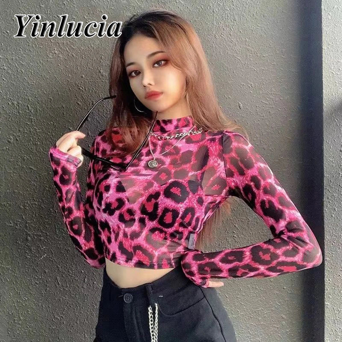 Pink Leopard Elastic Slim Tee printed tops