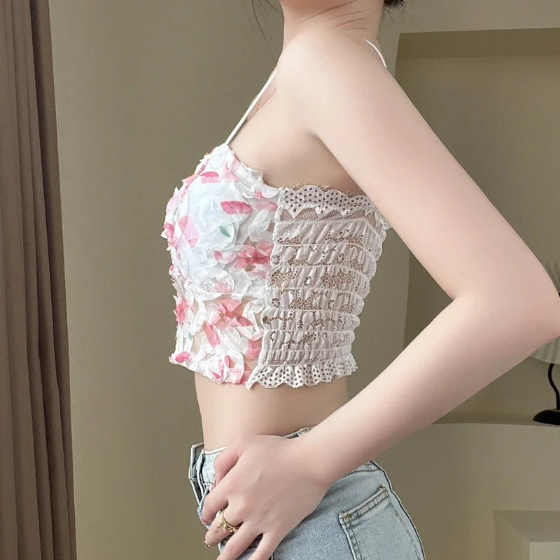 Rose Floral Lace Crop Tops Women Bra Mesh Tube Top