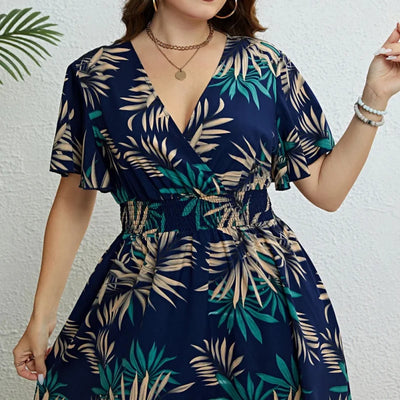 Floral Waist Cinched Ruffle Hem Plus Size Dress