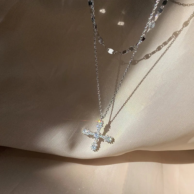 Silver Color Necklaces For Women CZ Zirconia Cross Pendant
