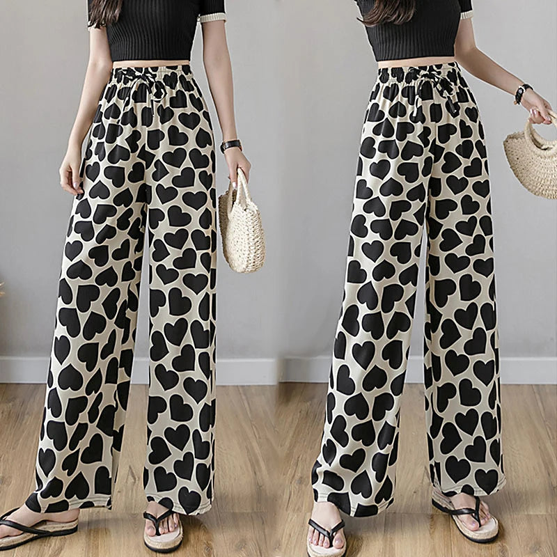 Women’s Casual Wide Leg Trousers Fashion Heart Printed Tie-up High Waist Loose Long Pants