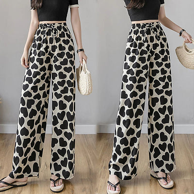 Women’s Casual Wide Leg Trousers Fashion Heart Printed Tie-up High Waist Loose Long Pants