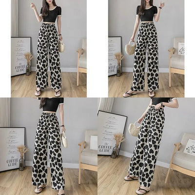 Women’s Casual Wide Leg Trousers Fashion Heart Printed Tie-up High Waist Loose Long Pants