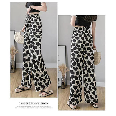 Women’s Casual Wide Leg Trousers Fashion Heart Printed Tie-up High Waist Loose Long Pants