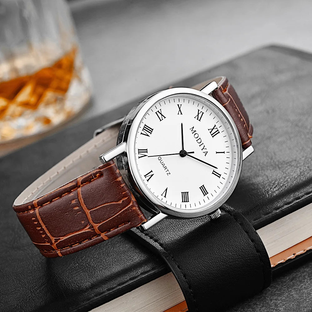 Casual Round Dial Watch Leather Strap Quartz Wristwatches