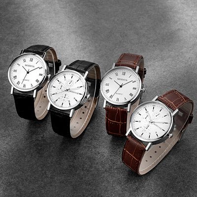 Casual Round Dial Watch Leather Strap Quartz Wristwatches