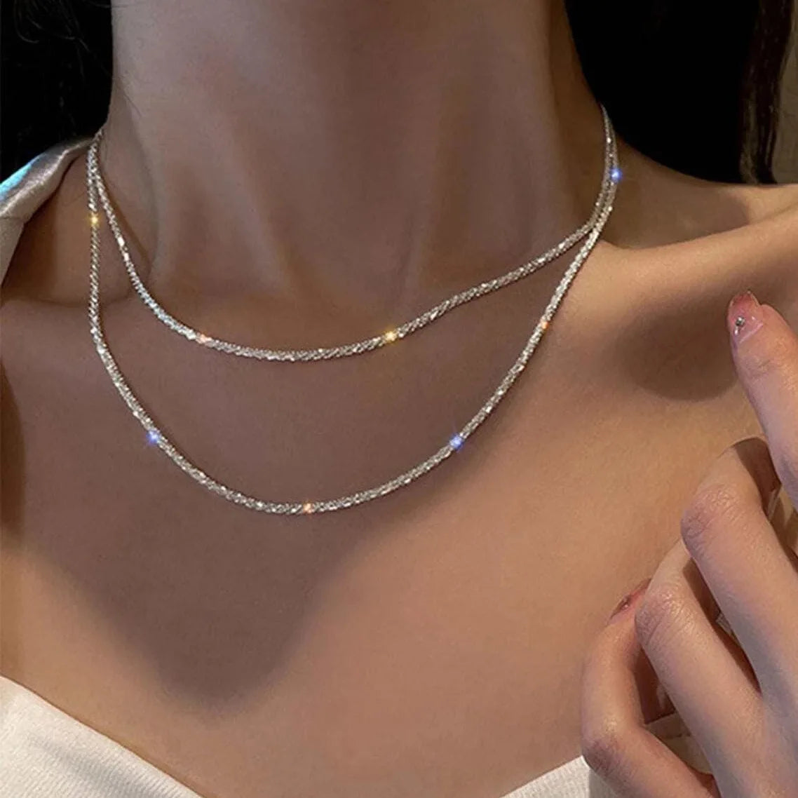 Silver Color Sparkling Necklace For Women Trendy Clavicle Chain
