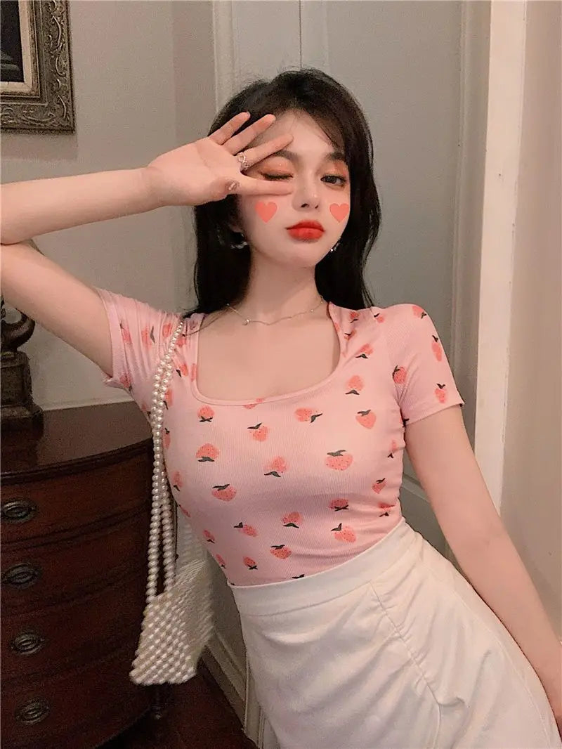 Korea Sexy Sweet Cute Strawberry Graphic Tees Tshirt For Girls