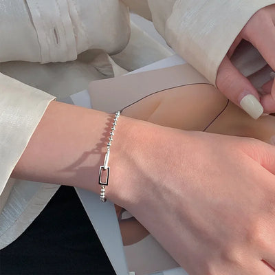 Silver Geometric Square Round Bead Bracelet