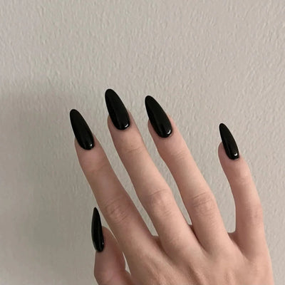 24pcs Glossy Black False Nails Nude Color Short Almond European Wearable Fake Nails