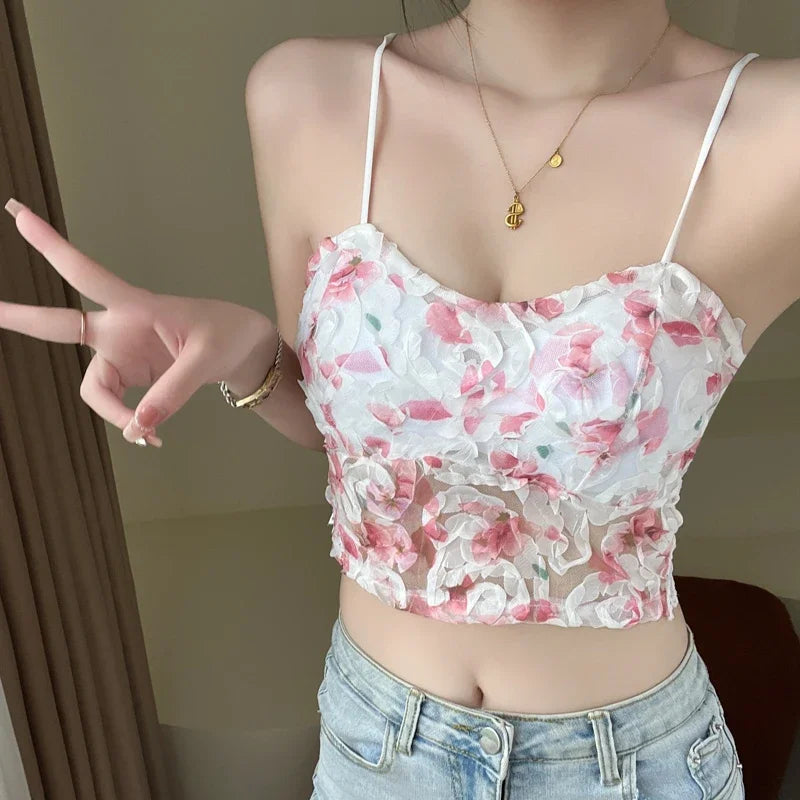 Rose Floral Lace Crop Tops Women Bra Mesh Tube Top