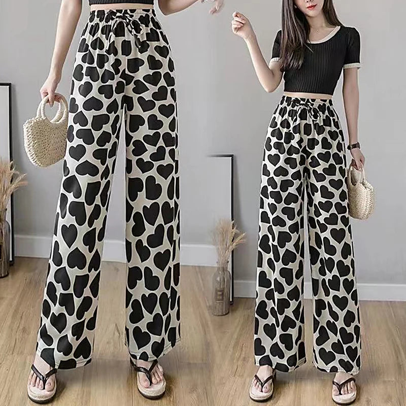 Women’s Casual Wide Leg Trousers Fashion Heart Printed Tie-up High Waist Loose Long Pants