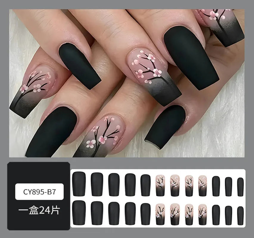 Square Fake Nails for Women DIY Pink Plum Blossom Designs French Press On Nails