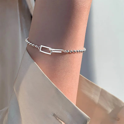 Silver Geometric Square Round Bead Bracelet