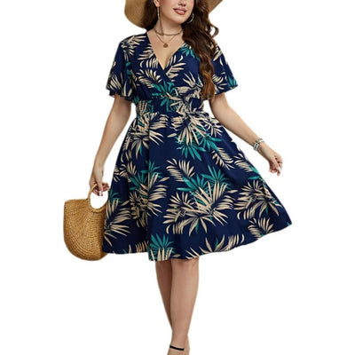 Floral Waist Cinched Ruffle Hem Plus Size Dress