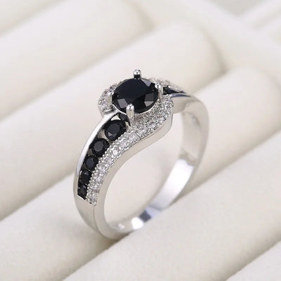 Personality Silver Color Black Stone Women Wedding Ring