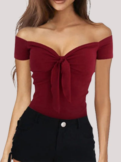 Sexy Slim Off Shoulder Top Women Lace Up Short-Sleeved t Shirts