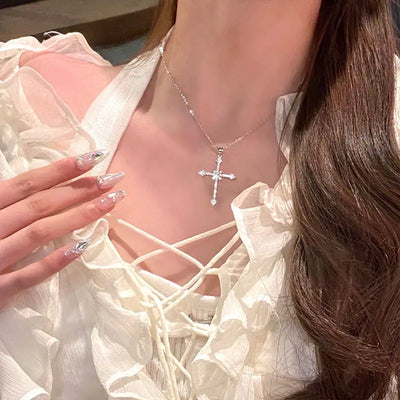 Silver Color Necklaces For Women CZ Zirconia Cross Pendant