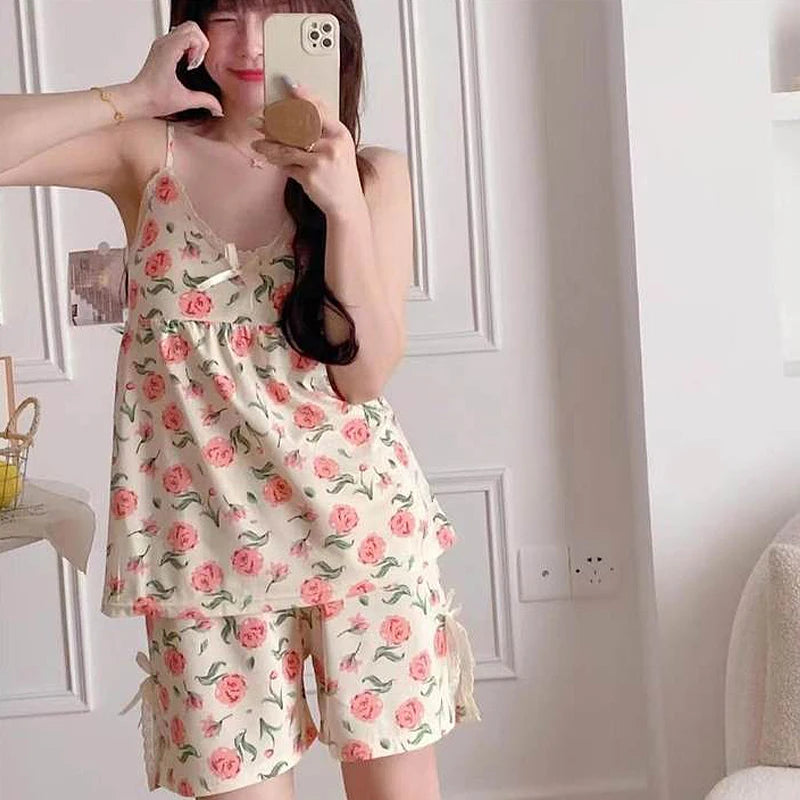 Pajamas Set Women Printed Casual Home Wear Two-piece Suit