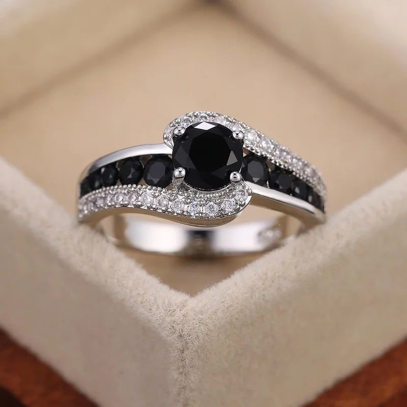 Personality Silver Color Black Stone Women Wedding Ring