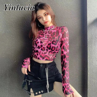 Pink Leopard Elastic Slim Tee printed tops