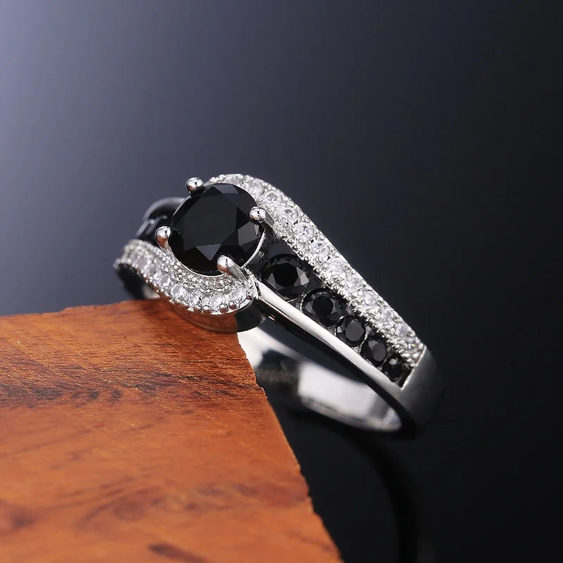 Personality Silver Color Black Stone Women Wedding Ring