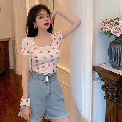 Korea Sexy Sweet Cute Strawberry Graphic Tees Tshirt For Girls