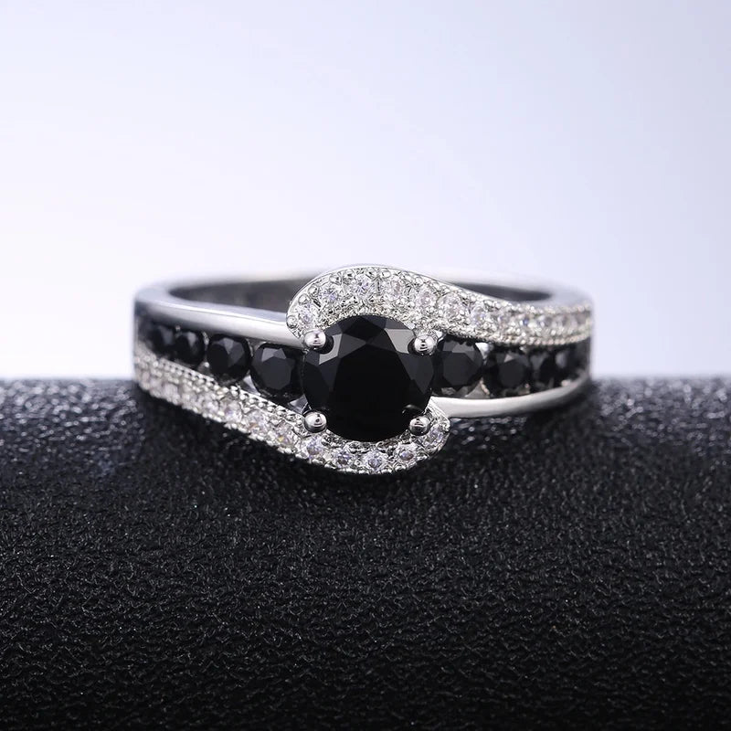 Personality Silver Color Black Stone Women Wedding Ring