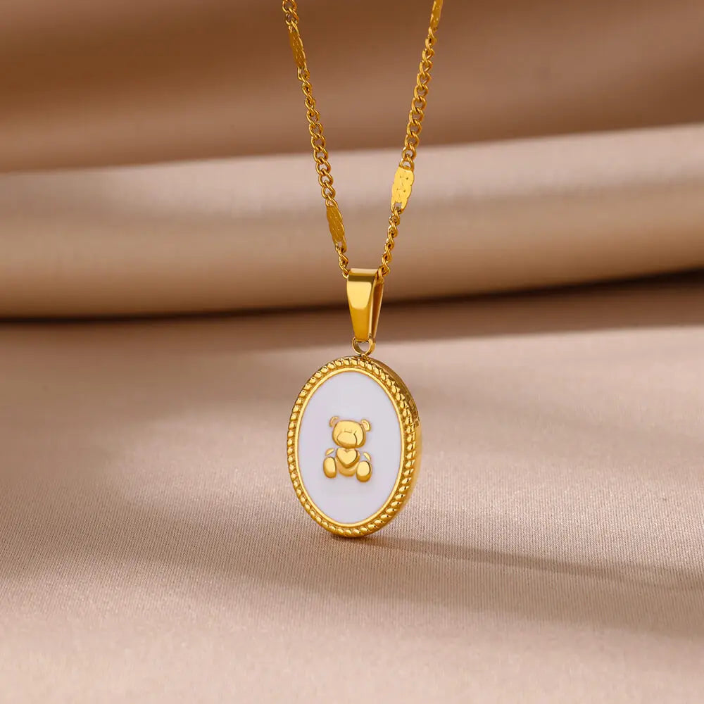 Oval Bear Pendant Necklaces for Women