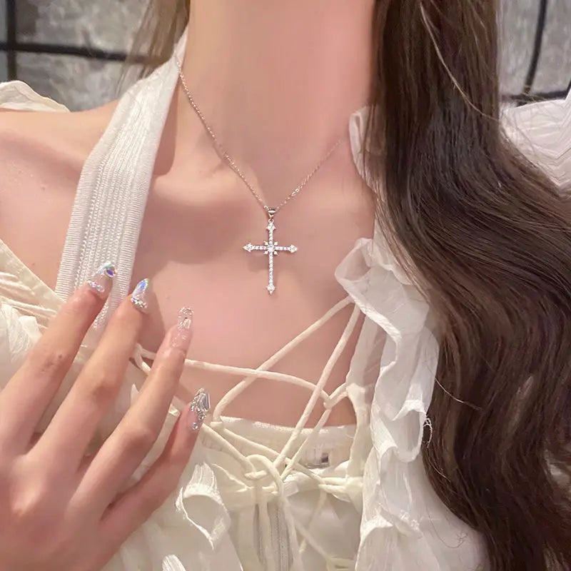 Silver Color Necklaces For Women CZ Zirconia Cross Pendant