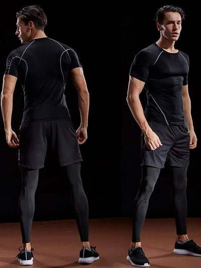 Men's Sport Tracksuit Summer Compression T-Shirts+Short Sportswear Gym fitness