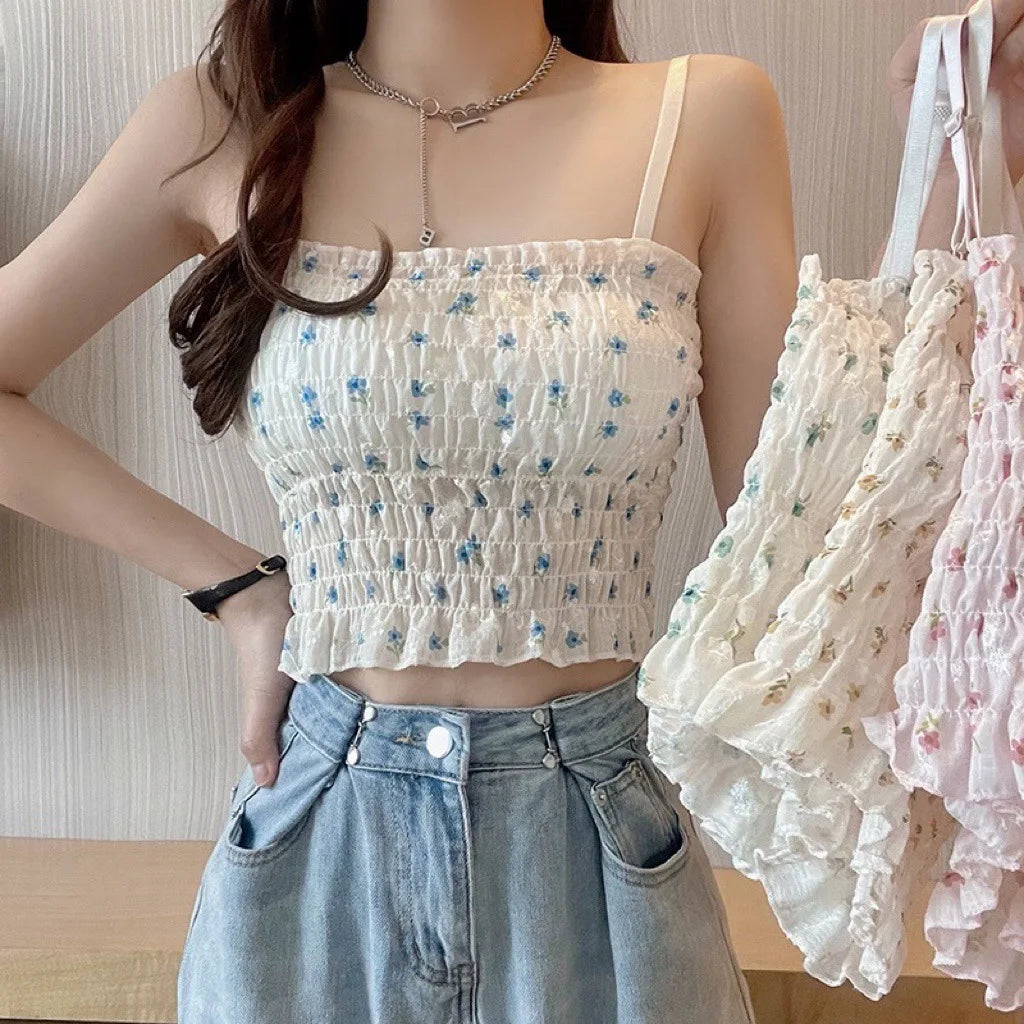 Floral Printed Camisole Woman Summer Sweet Spaghetti Strap Tank Top