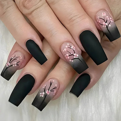Square Fake Nails for Women DIY Pink Plum Blossom Designs French Press On Nails
