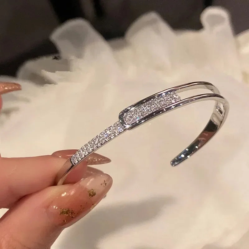 Silver Color Micro Zircon Open Bangle for Women