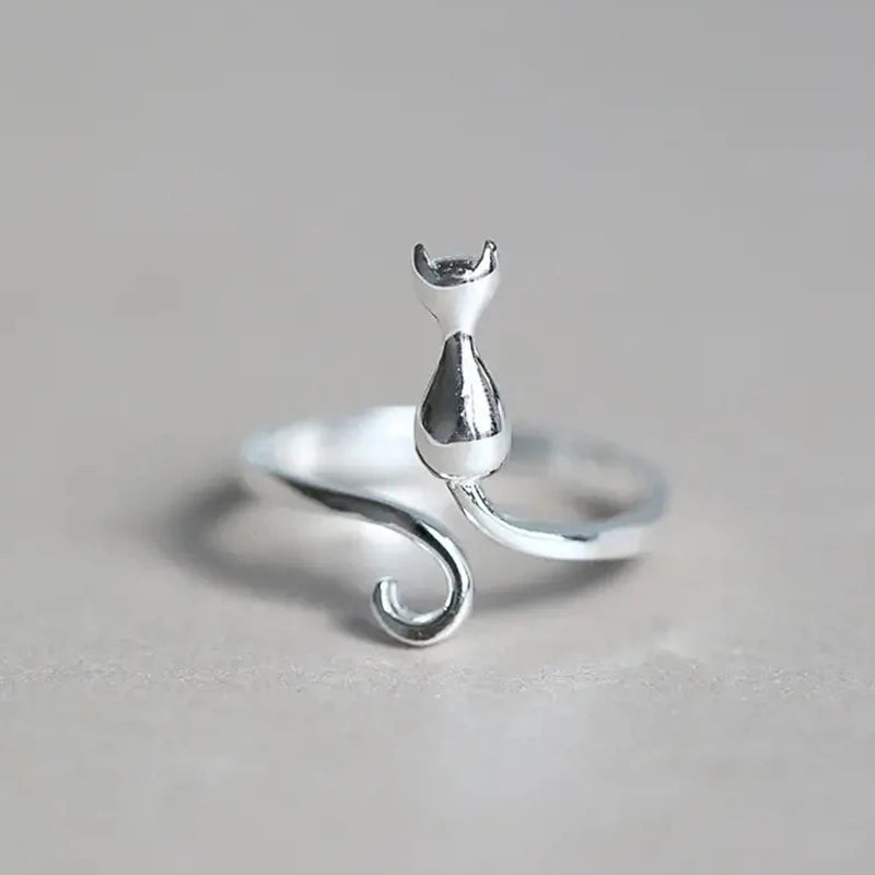 Huitan Silver Color Cat Ring for Women Opening Resizable Animal Rings