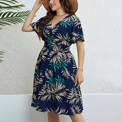 Floral Waist Cinched Ruffle Hem Plus Size Dress