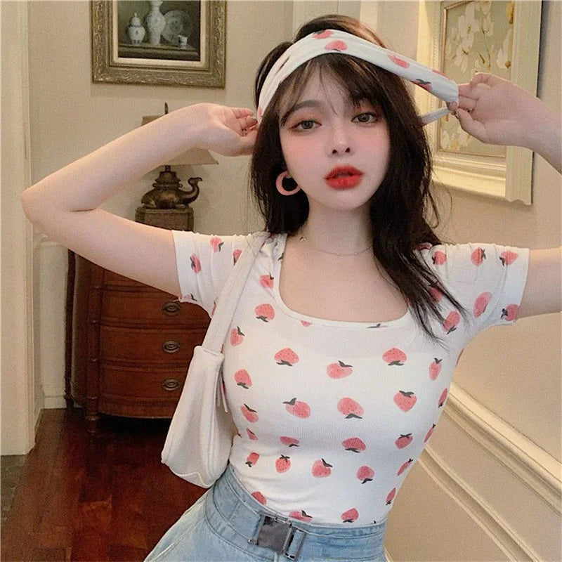 Korea Sexy Sweet Cute Strawberry Graphic Tees Tshirt For Girls