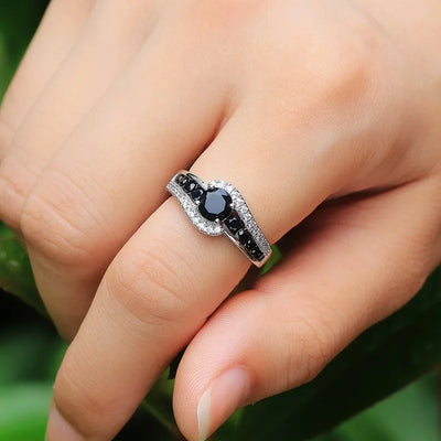 Personality Silver Color Black Stone Women Wedding Ring
