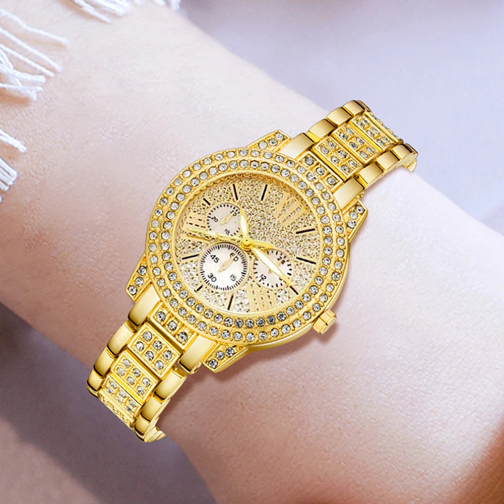 Women's Quartz Watch Gold Luxury Women Ring Necklace Earring