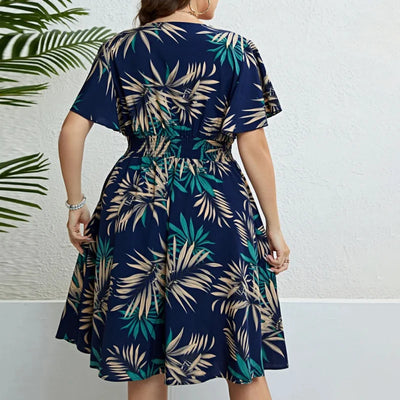 Floral Waist Cinched Ruffle Hem Plus Size Dress