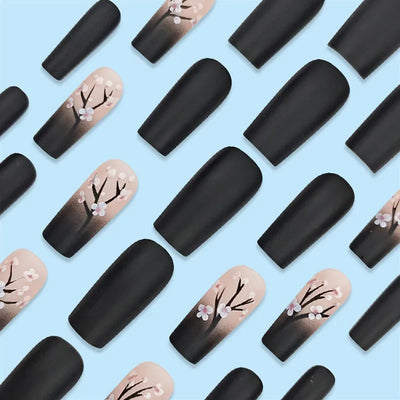 Square Fake Nails for Women DIY Pink Plum Blossom Designs French Press On Nails